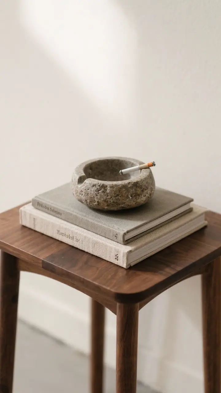 A focused detail shot of a single meaningful object showcased as the star: a vintage stone ashtray resting atop a small stack of hardcover books on a walnut side table; incorporate contrasting textures—linen book cloth, cool stone, and warm wood—clean negative space around it, soft directional daylight