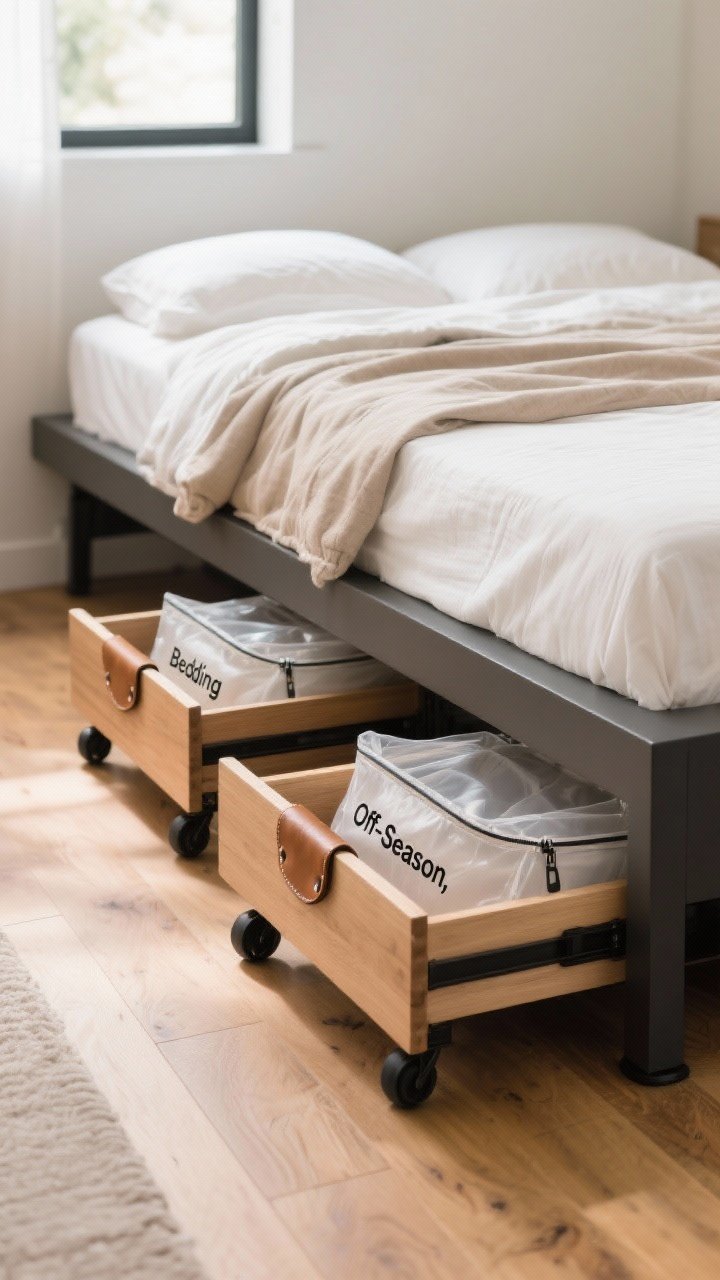 A low, side-angle medium shot under a bed showing stylish underbed storage: two rolling wooden drawers with leather pulls partially pulled out, a pair of clear-window fabric zip bags labeled for “Bedding” and “Off-Season,” and slim black bed risers subtly lifting a modern platform bed. Neutral textiles (oatmeal linen duvet, white sheets), warm oak floor, soft morning light. Include visible labels and like-with-like organization. No people.