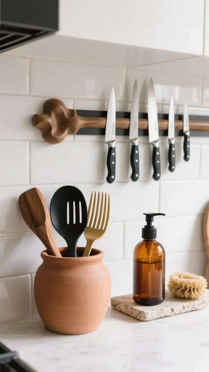 A medium closeup of everyday tools on display: a clay-toned ceramic crock holding wood, matte black, and brass utensils; a sculptural magnetic knife strip with a curated set of knives on a subway tile backsplash; a refillable amber glass dish soap dispenser on a small stone tray with a natural bristle scrubber; even, bright daylight, straight-on view.