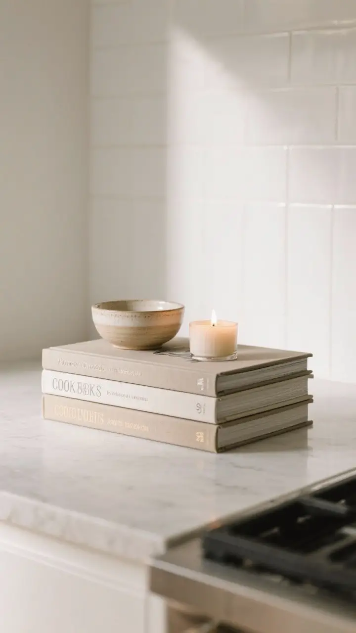 A medium closeup showcasing edited cookbooks: 2–4 neutral-spined cookbooks stacked horizontally on a counter, topped with a small ceramic bowl and a tea light candle; color-coordinated spines for a calm look, simple white backsplash, soft side lighting emphasizing gentle shadows and form.