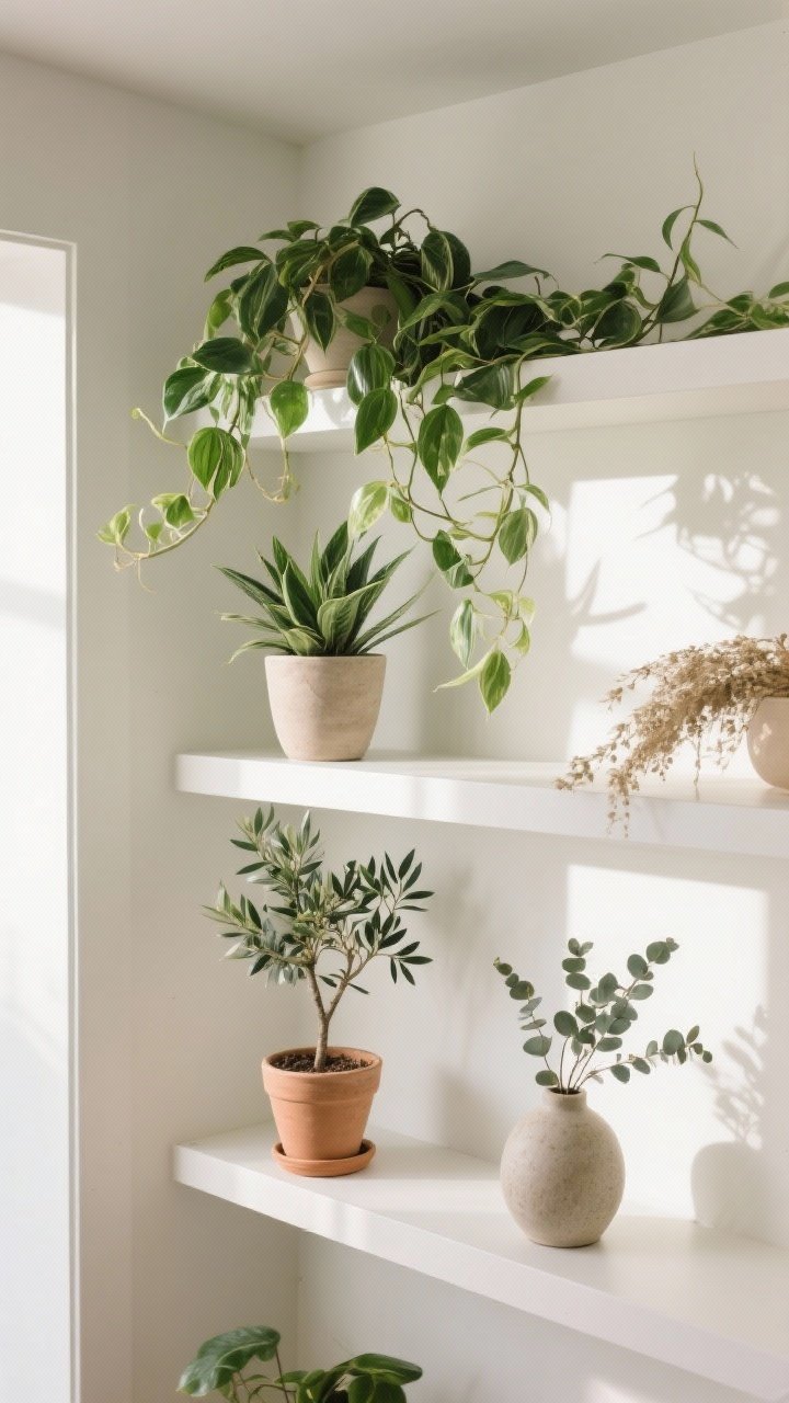 A medium corner-angle shot of shelves with greenery bringing life: trailing pothos spilling from the top shelf edge, a compact ZZ plant in a neutral pot, and a small olive tree in a simple clay planter; optional dried eucalyptus stems in a stoneware vase; plants placed toward shelf ends to frame the display, bright indirect daylight creating a fresh, lively mood
