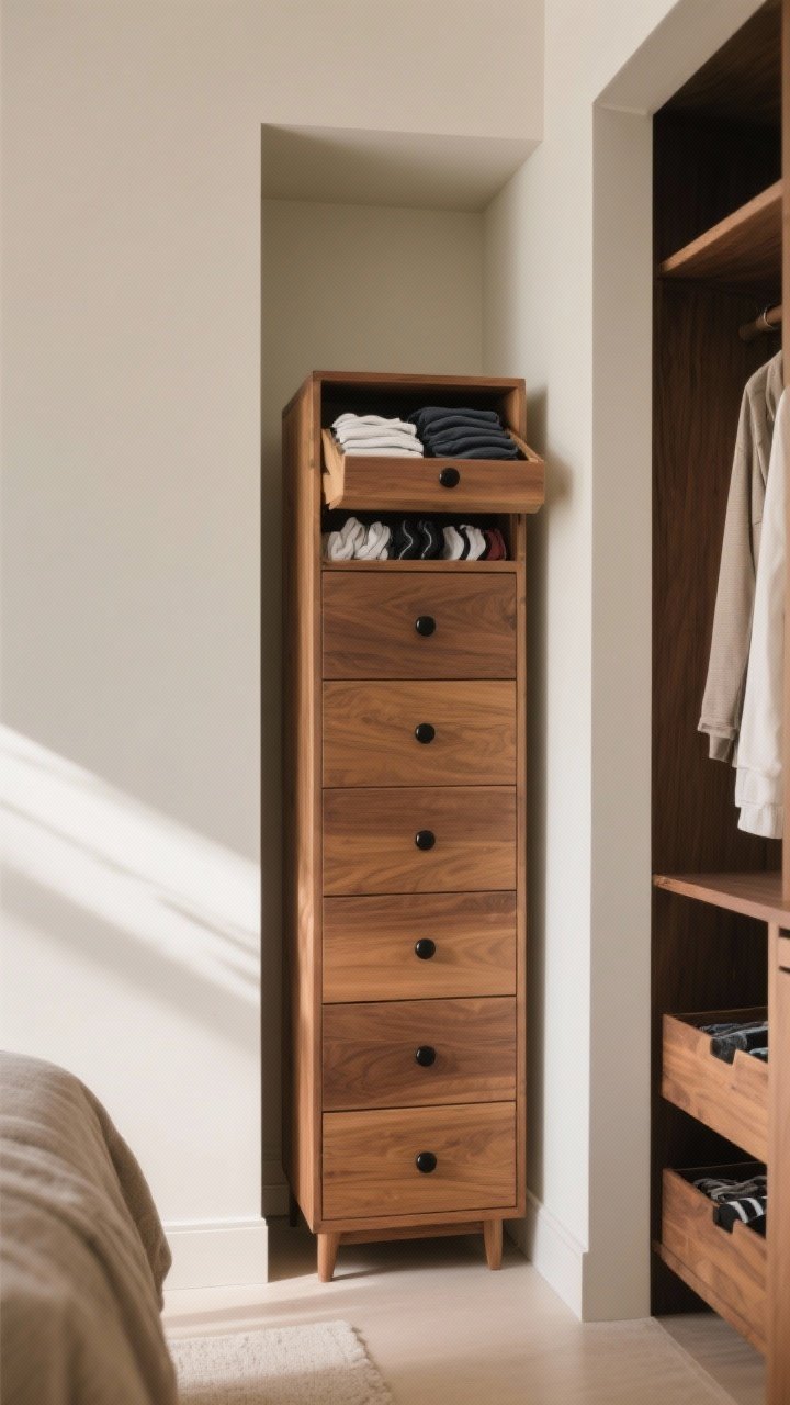 A medium, corner-angle view of a tallboy dresser tucked into a niche: a slender 6-drawer unit in warm wood, next to a closet, with drawer organizers visible in an open top drawer showing file-folded tees and socks. Also include a narrow tower chest along an awkward wall segment. Neutral palette, soft afternoon light, matte black knobs, and tidy pathways. No people.