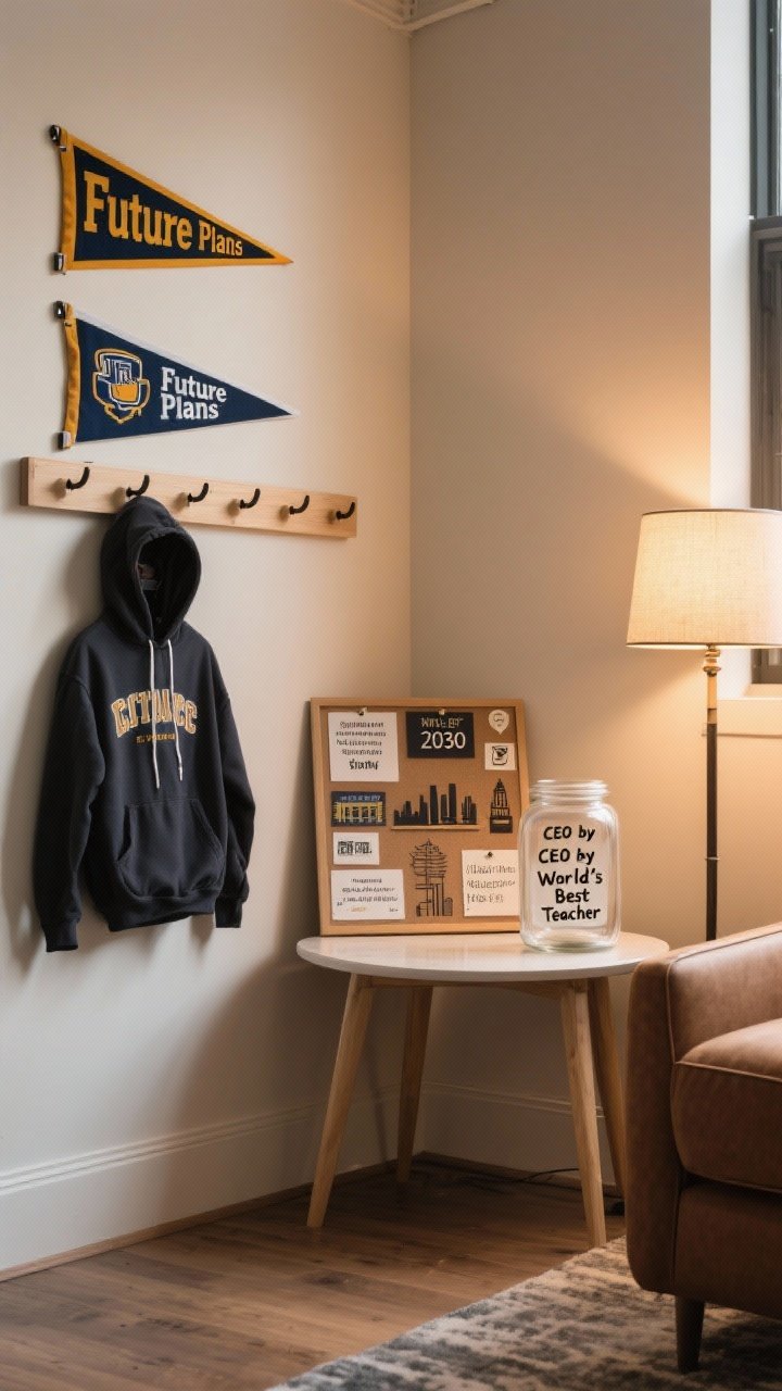 A medium corner vignette of a “Future Plans” area: a peg rack with a college pennant and hoodie, a small table featuring a vision board of the new city and industry icons with inspo quotes, and a clear glass jar labeled for guest predictions like “CEO by 2030” or “World’s Best Teacher”; warm, inviting lamp light.