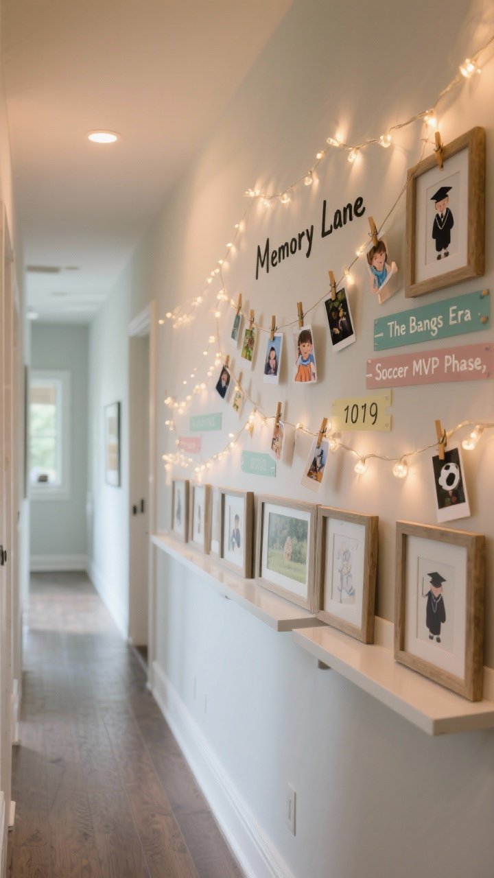 A medium hallway scene of a “Memory Lane” gallery wall: twinkling string lights with mini clothespins holding photos from kindergarten to cap-and-gown, DIY timeline labels with year markers and playful captions like “The Bangs Era” and “Soccer MVP Phase,” plus a row of framed prints in the chosen color palette on floating shelves; cozy ambient lighting, vignette effect.