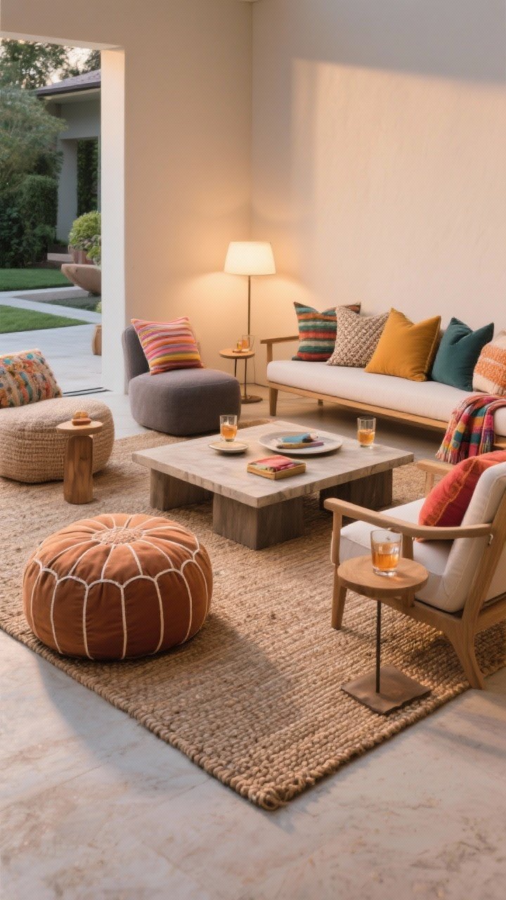 A medium lounge nook composition: a mix of seating with floor poufs, a low ottoman, a bench, and accent chairs grouped around a low coffee table; pillows and throws in the party color palette adding cozy textures; a woven rug defining the zone (indoor or outdoor), and small side tables for drinks; soft, warm lighting for conversation.