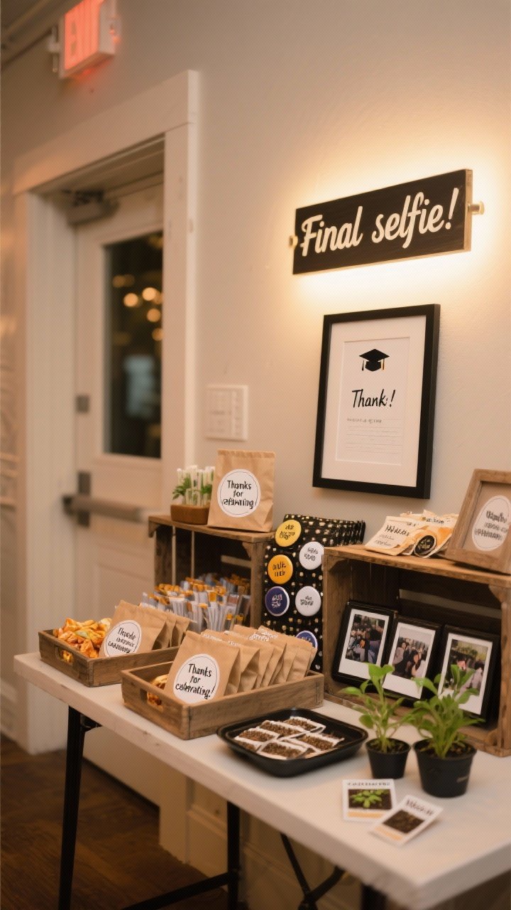 A medium send-off station near the exit: neatly grouped favors in trays and crates including late-night snack bags with “Thanks for celebrating!” stickers, custom buttons/stickers, photo strips with slim magnet frames, and mini plants or seed packets labeled “Watch me grow;” a framed thank-you note from the grad and a “Final selfie” sign; gentle, inviting lighting for a warm goodbye.