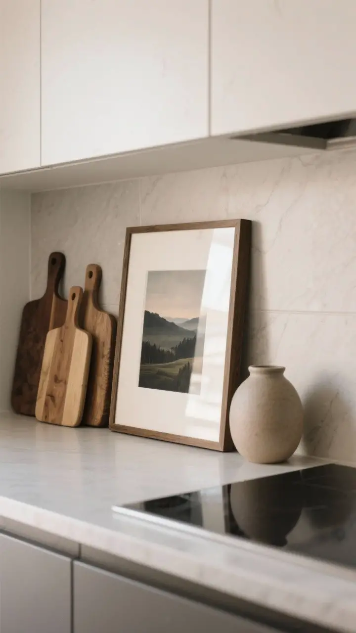 A medium shot adding art on the counter: a small framed moody landscape leaning against the backsplash, layered near larger cutting boards to keep the art smaller than the boards; nearby a subtle ceramic vase; neutral palette with soft daylight, straight-on angle to feel designer-level and soften hard surfaces.