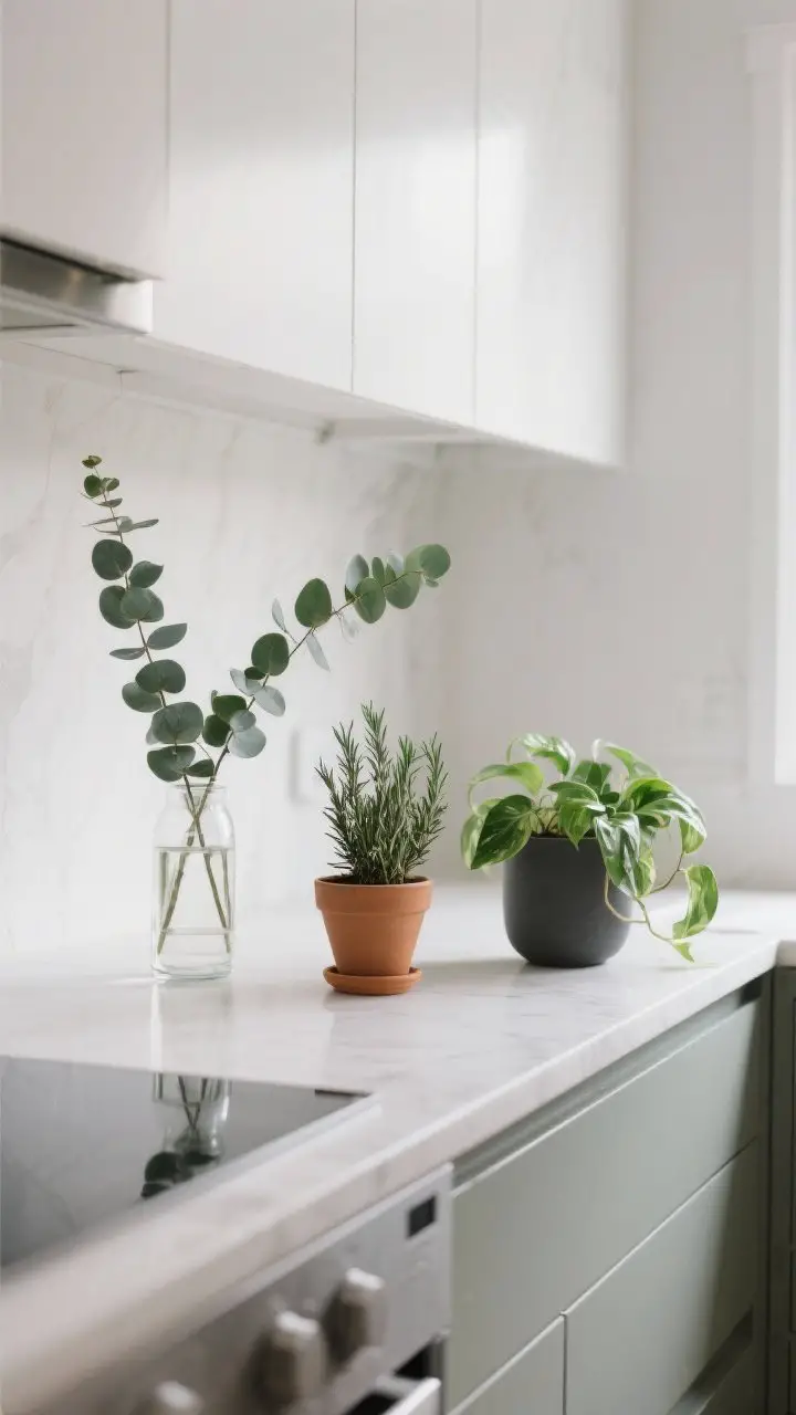 A medium shot bringing in greenery: a kitchen counter styled with one plant per zone—fresh stems of eucalyptus in a short glass vase, a terra-cotta pot with rosemary, and a low-light pothos in a matte charcoal pot; clean lines, plenty of breathing room, indirect natural light to keep the mood calm and fresh.