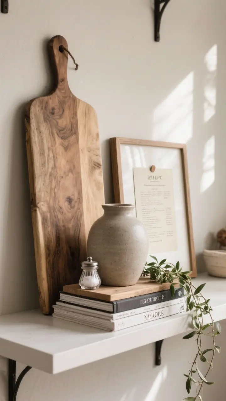 A medium shot focused on height and scale: a styled shelf vignette using the rule of thirds with a tall olive wood cutting board leaned as a backdrop, a mid-sized stoneware vase, and a small salt cellar; cookbooks stacked flat as a riser holding a small trailing plant; additional framed recipe card subtly leaned for layered height; deliberate peaks and valleys, side-lighting emphasizing dimension.