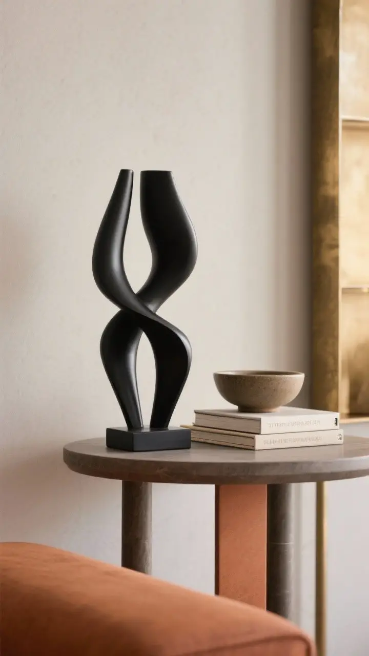 A medium shot highlighting verticality on a side table: an 11-inch matte black abstract mini sculpture paired with a low ceramic bowl and a short stack of books to balance the silhouette; neutral backdrop, gentle side lighting to reveal contours, tactile finishes like terracotta and brushed brass accents nearby