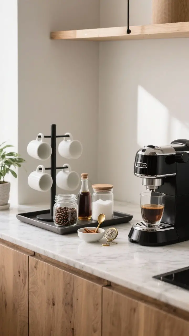 A medium shot of a chic coffee corner on a light marble countertop, styled on a rectangular tray: a sleek espresso machine, glass jars of coffee beans and sugar, a small syrup bottle, a mug tree with matte white mugs, a tiny bowl of cinnamon with a mini sieve, a brass spoon, and a small potted plant; soft morning natural light, neutral palette with warm wood and black accents, straight-on perspective.
