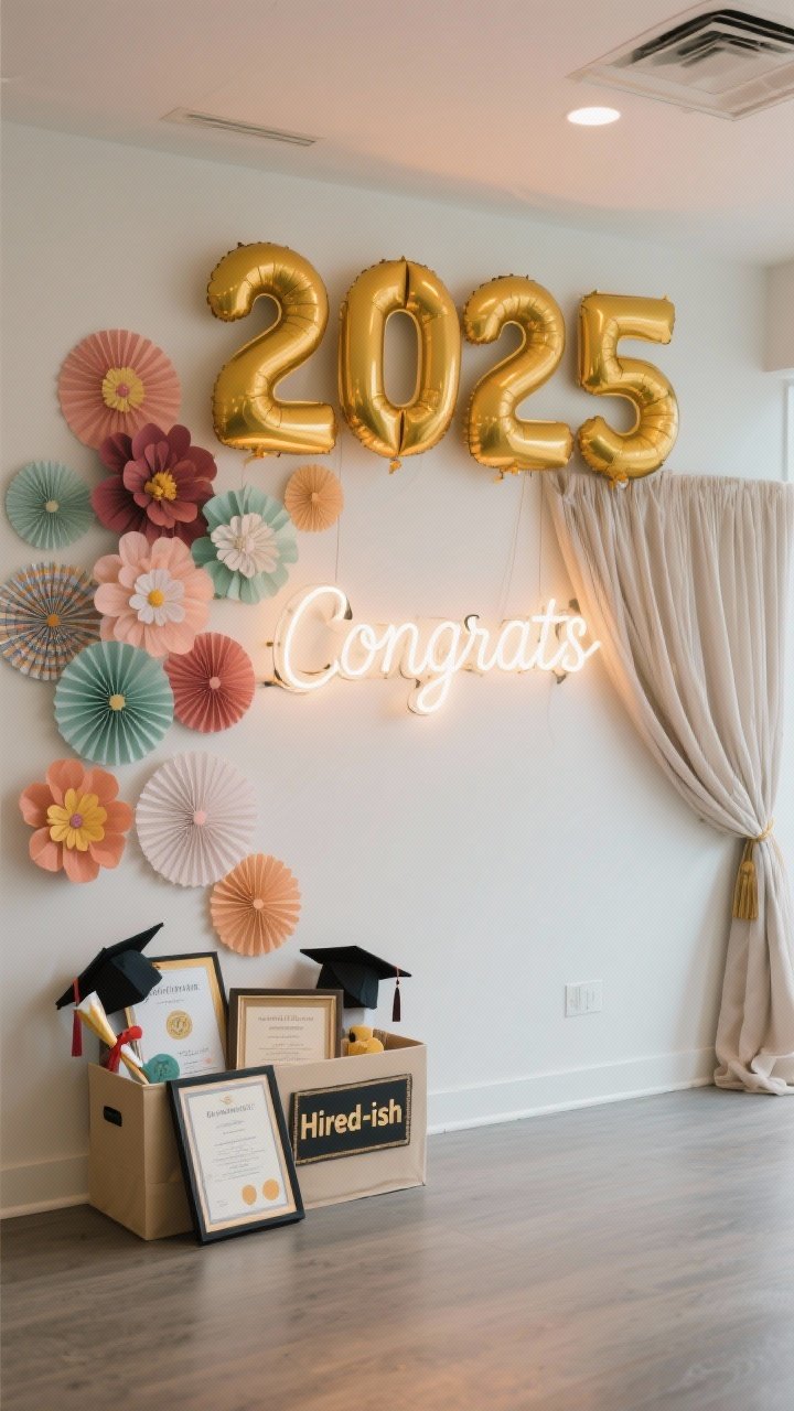 A medium shot of a designated photo spot: bold “2025” balloon mosaic numbers on a clean wall, a mix of paper flowers and fans in coordinated colors, a simple fabric drape with a glowing “Congrats” neon sign, and a tidy props bin with faux diplomas, grad caps, and witty signs like “Hired-ish”; even, flattering lighting for photos.
