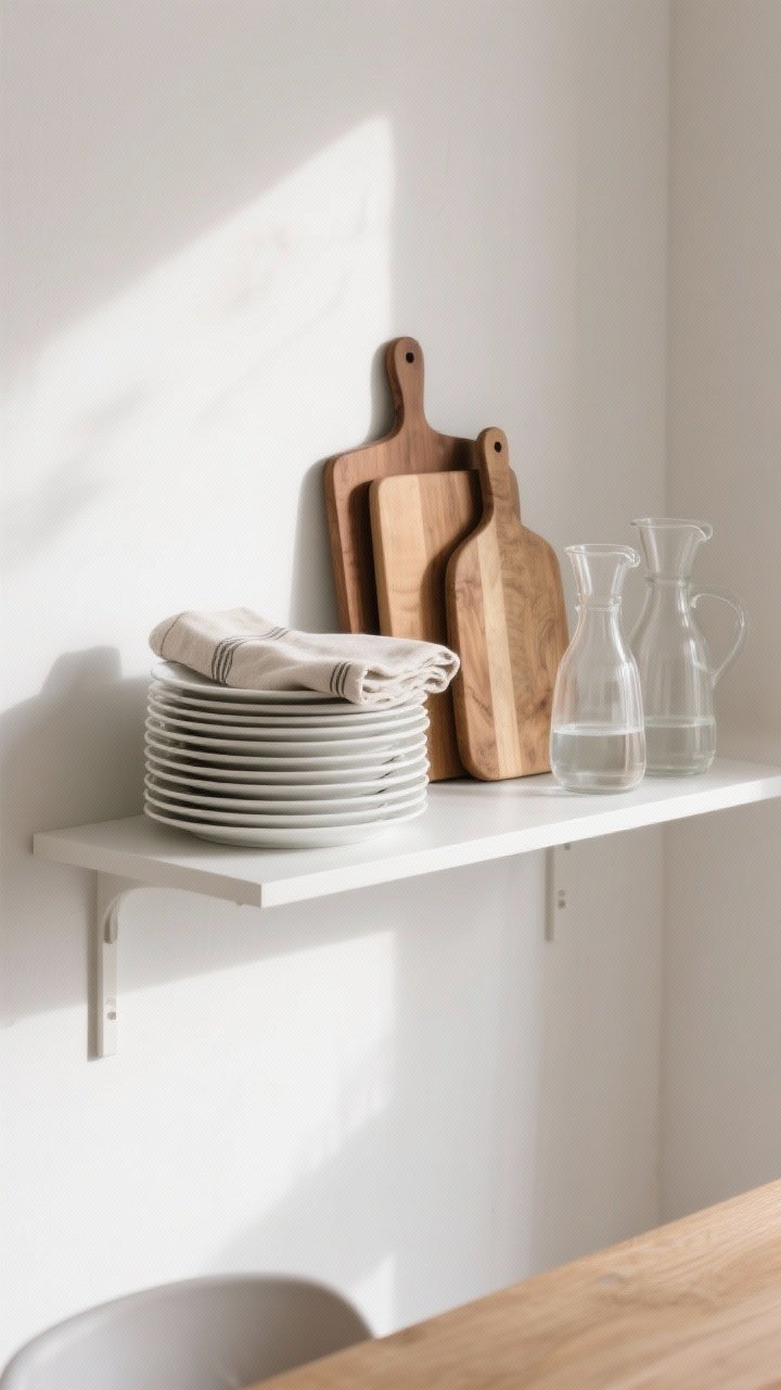 A medium shot of a floating dining shelf styled with useful serveware: neat stacks of white ceramic plates with a folded linen napkin on top, clear glass pitchers and carafes grouped to one side, and two warm wood cutting boards layered upright at the back for texture; minimal, practical, and within reach, with natural morning light and a soft shadow on a white wall