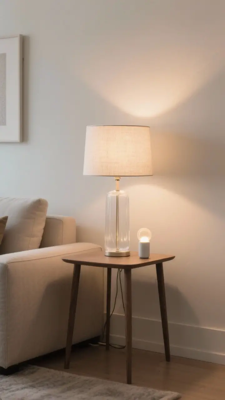 A medium shot of a living room corner featuring a short side table paired with a tall table lamp with a frosted glass or linen shade casting a cozy, diffused glow; include a smart bulb warm-dim ambiance, the lamp scaled correctly to the table, soft shadows on a nearby wall, calm neutral colors with matte finishes, no other decor competing