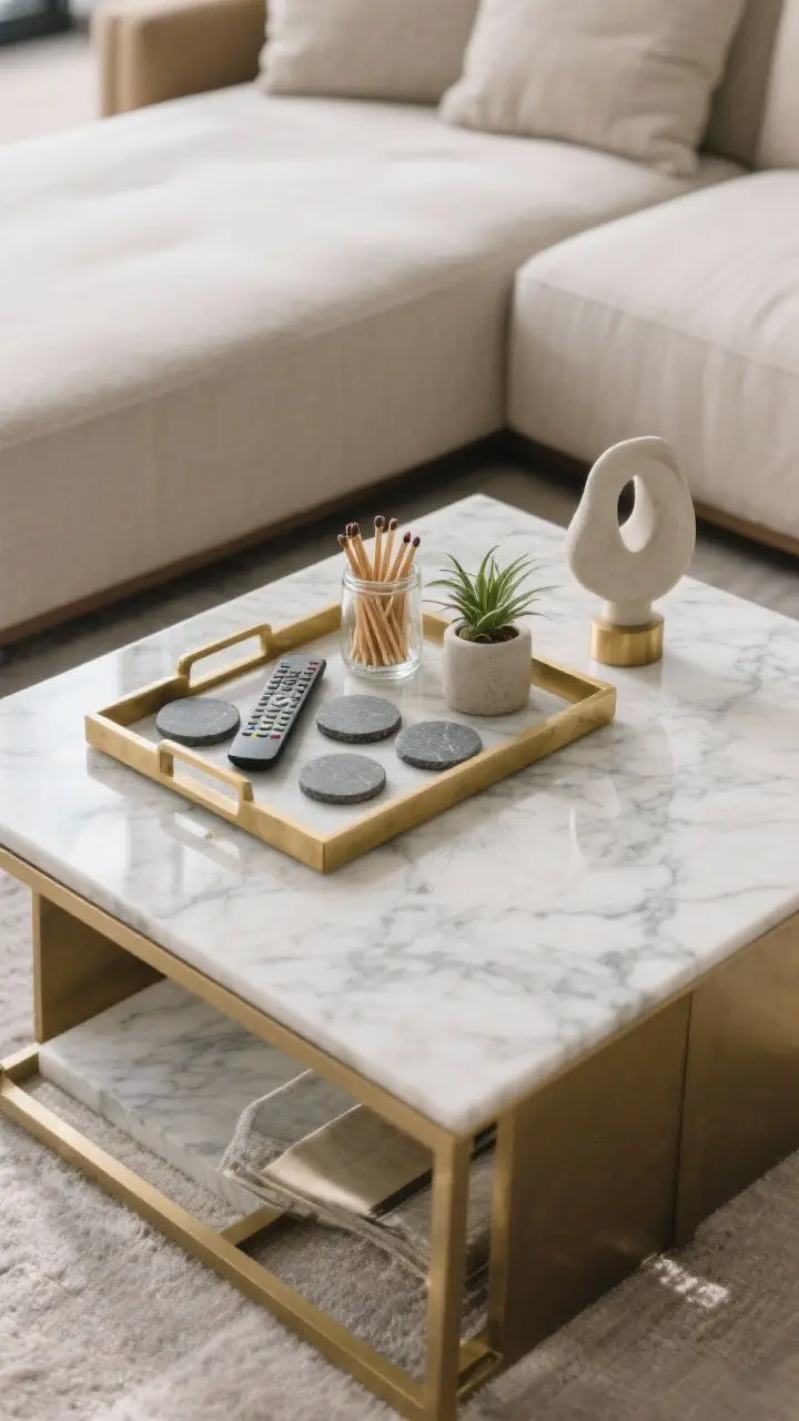 A medium shot of a living room side table organized with a tray that’s about 65% of the tabletop: a marble tray corralling stone coasters, a remote, wooden matches in a glass jar, a small plant, and a sculptural object; straight-on view, balanced composition, neutral palette with brass accents, photorealistic materials and slight reflections on marble