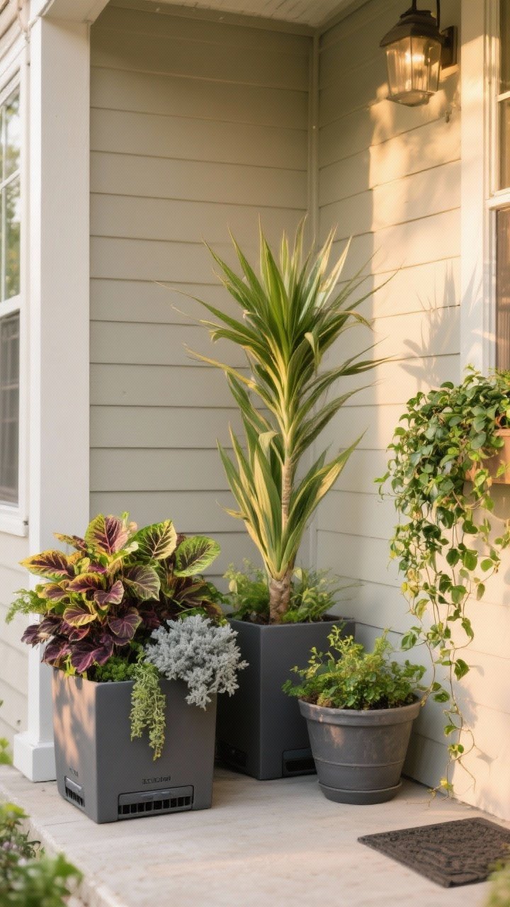 A medium shot of a porch corner styled with three planters showcasing the thriller-filler-spiller formula: a tall sculptural dracaena as the thriller, lush coleus and dusty miller as fillers, and creeping jenny spilling over the edge; include an additional trailing ivy in a second pot for variety; planters in matte charcoal self-watering designs; golden-hour light enhances foliage texture and depth; neutral siding backdrop to keep focus on greenery.