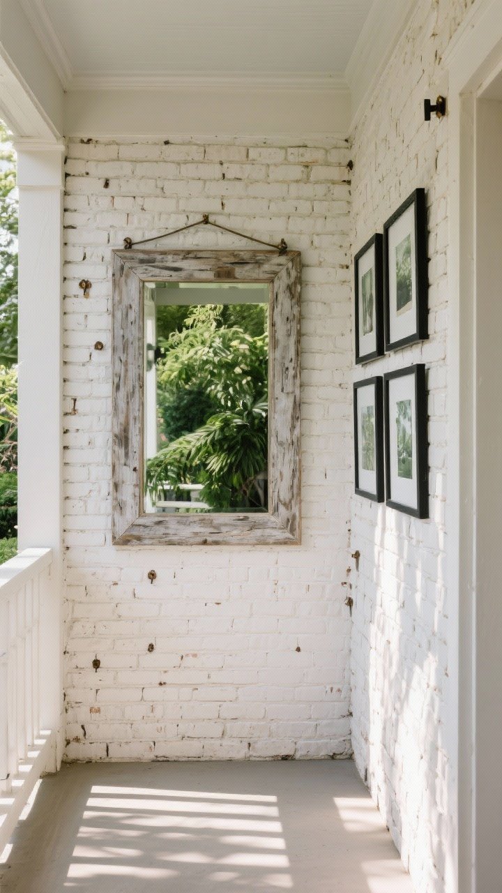 A medium shot of a porch wall featuring outdoor-rated decor: a weather-treated statement mirror reflecting greenery, paired with a small gallery wall of all-weather prints in matching black frames; clean brick backdrop with brick clips visible for hanging; late-afternoon light bouncing off the mirror to brighten a compact porch, adding depth and room-like character.