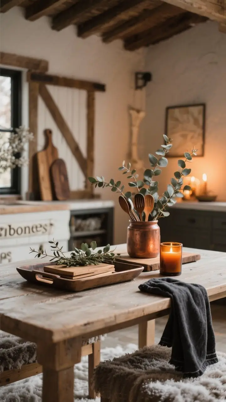 A medium shot of a seasonally swappable setup: the stable “bones” (tray, leaning wood board, utensil crock) remain, while accents reflect winter—eucalyptus stems, layered wooden boards, dark linen towel, and an amber candle; warm, cozy lighting with subtle highlights on copper or amber tones; photorealistic, inviting atmosphere.