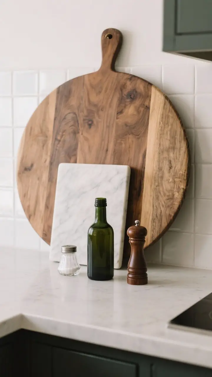 A medium shot of a statement board vignette: an oversized round European oak board leaned against a white tile backsplash with a smaller rectangular marble board layered in front, staged on a countertop with a salt cellar, dark green glass olive oil bottle, and a walnut pepper mill; balanced composition with soft daylight and subtle shadows to emphasize height and depth.