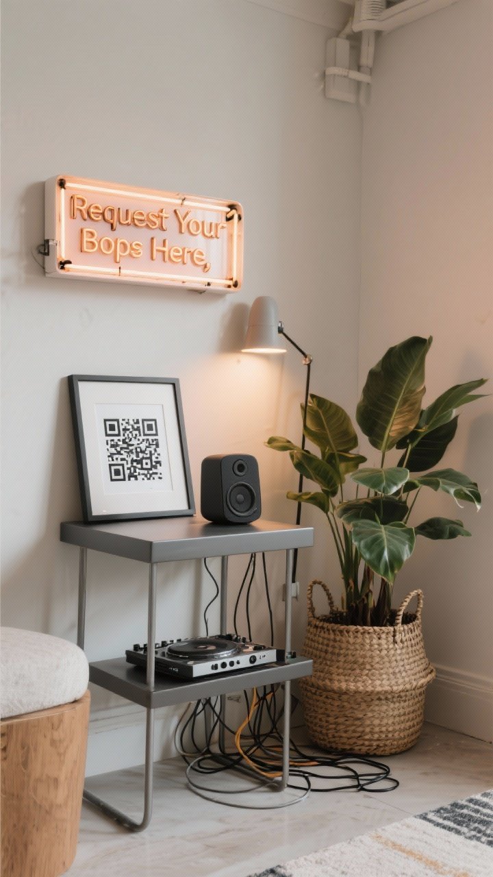 A medium shot of a styled “soundscape” DJ nook: a sleek side table with a quality wireless speaker, a framed QR code for a shared playlist, a mini marquee sign reading “Request Your Bops Here,” and discreet cable management with cords hidden in a woven basket behind a plant; tidy, intentional styling with soft task lighting.