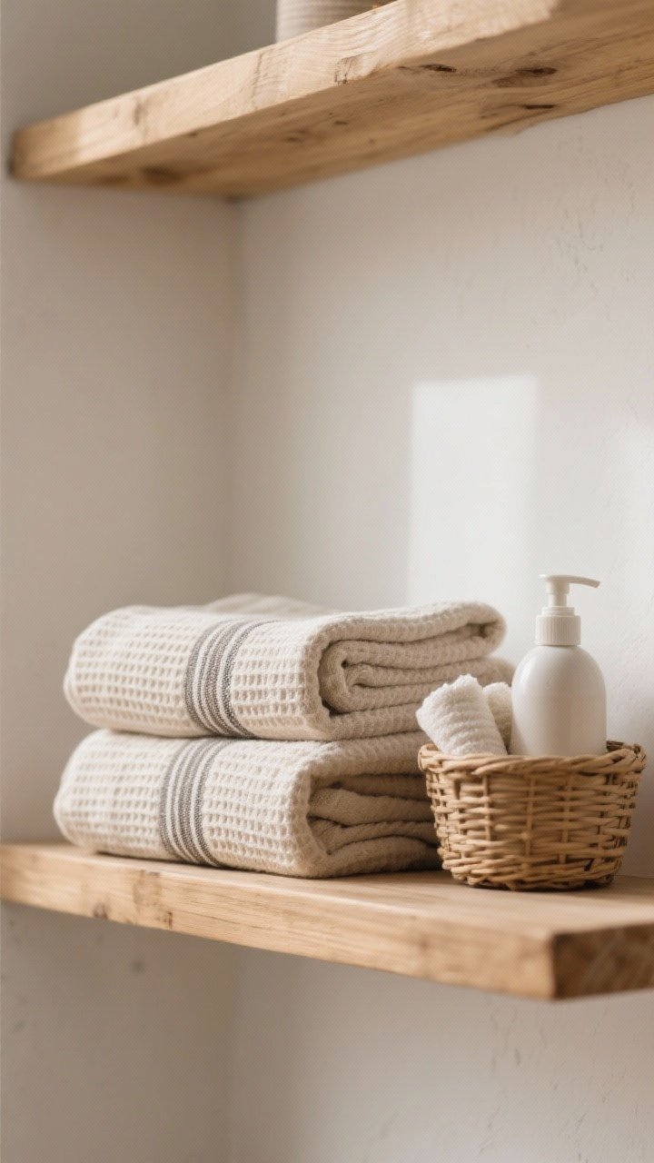A medium shot of linens adding softness: two to three neatly folded waffle or Turkish towels in layered neutrals with one towel featuring a subtle accent stripe, rolled washcloths in a small basket, and a simple linen spray bottle; warm, cozy lighting, white wall and wood shelf backdrop, tactile fabric detail visible without clutter.