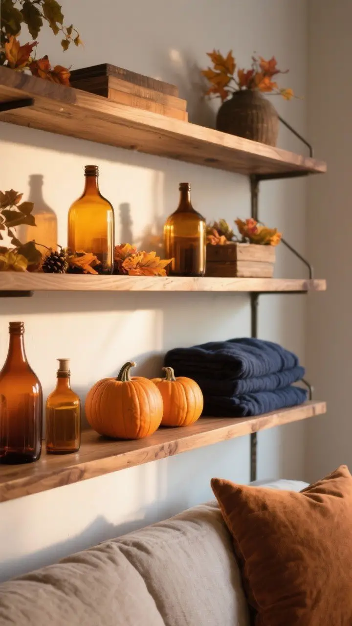 A medium shot of seasonally styled shelves in fall: amber glass bottles, warm wood tones, a couple of small pumpkins, and deeper accent hues like navy textiles; subtle swap-in elements suggesting an easy refresh; cozy late-afternoon light casting gentle shadows to heighten warmth and mood.