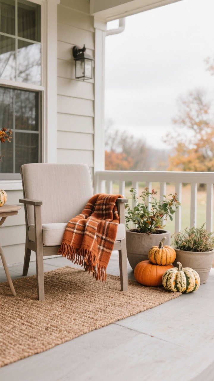 A medium shot of subtle seasonal styling for fall: a restrained vignette with rust and amber throw on a porch chair, a plaid outdoor rug under a simple coir mat, and a cluster of heirloom pumpkins in varied sizes at one side; neutral planters and understated color palette; soft overcast daylight enhances muted tones without feeling theme-park; chic and curated.