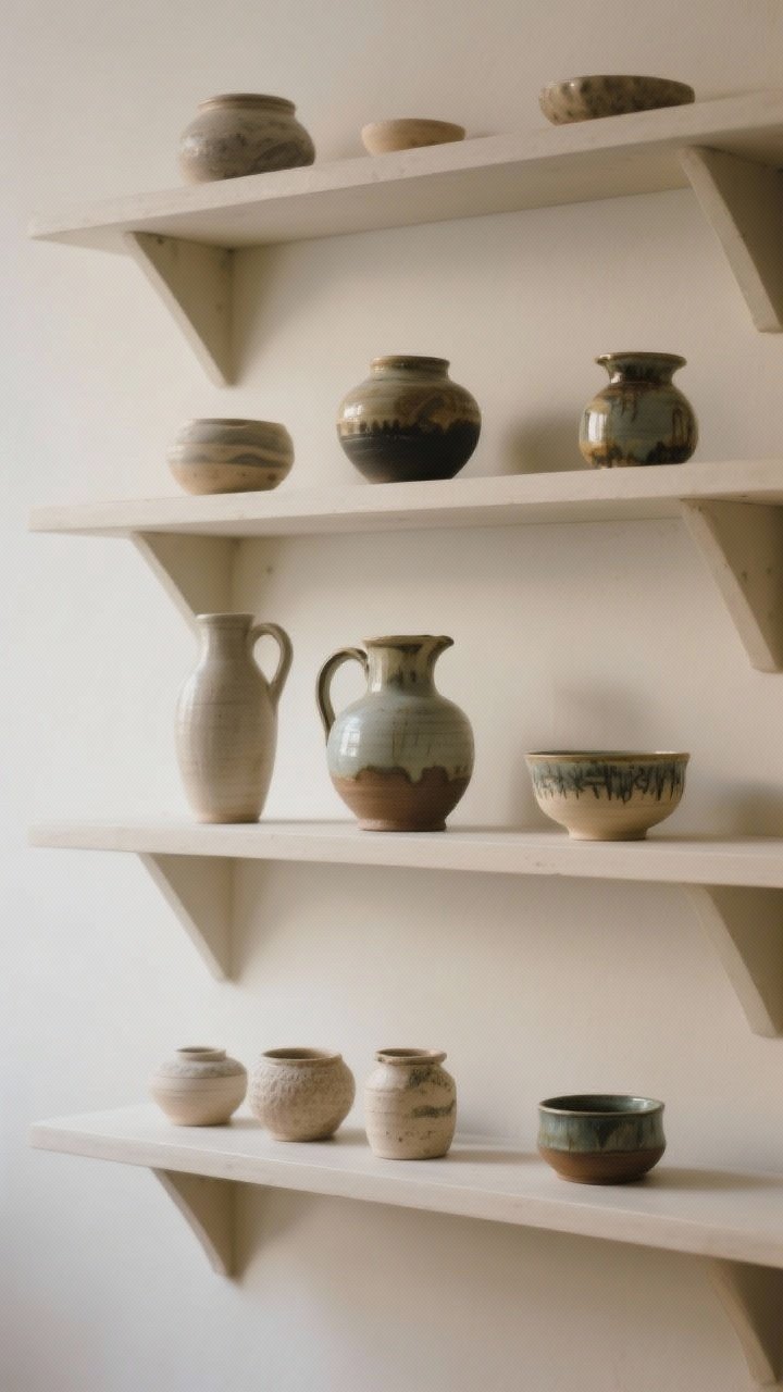 A medium, slightly off-center shot of shelves displaying an edited personal collection: theme of handmade pottery and vintage ceramics, 3–5 pieces per shelf max, varied scale with a tall vase, medium pitcher, and small bowl; negative space preserved, pieces rotated for freshness; neutral backdrop and soft directional daylight highlighting form and glaze