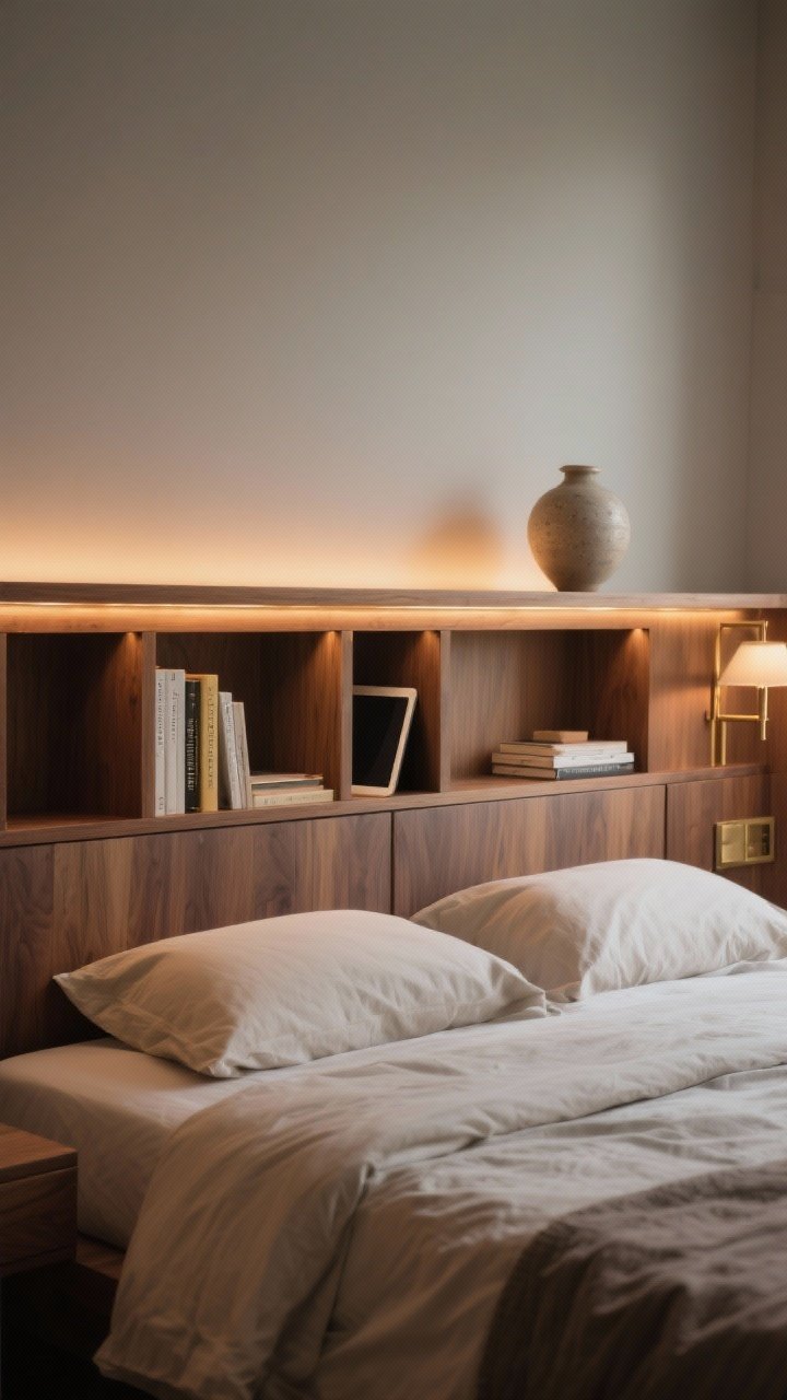 A medium, straight-on shot of a bed with a storage headboard featuring open cubbies and a narrow ledge: curated top with a few books and a ceramic vase; one hidden compartment ajar hinting at a tablet inside; integrated warm LED strip lighting under the ledge replacing bedside lamps. Soft neutral bedding, walnut or oak headboard, matte brass accents. Evening mood with the LEDs providing a cozy glow. No people.