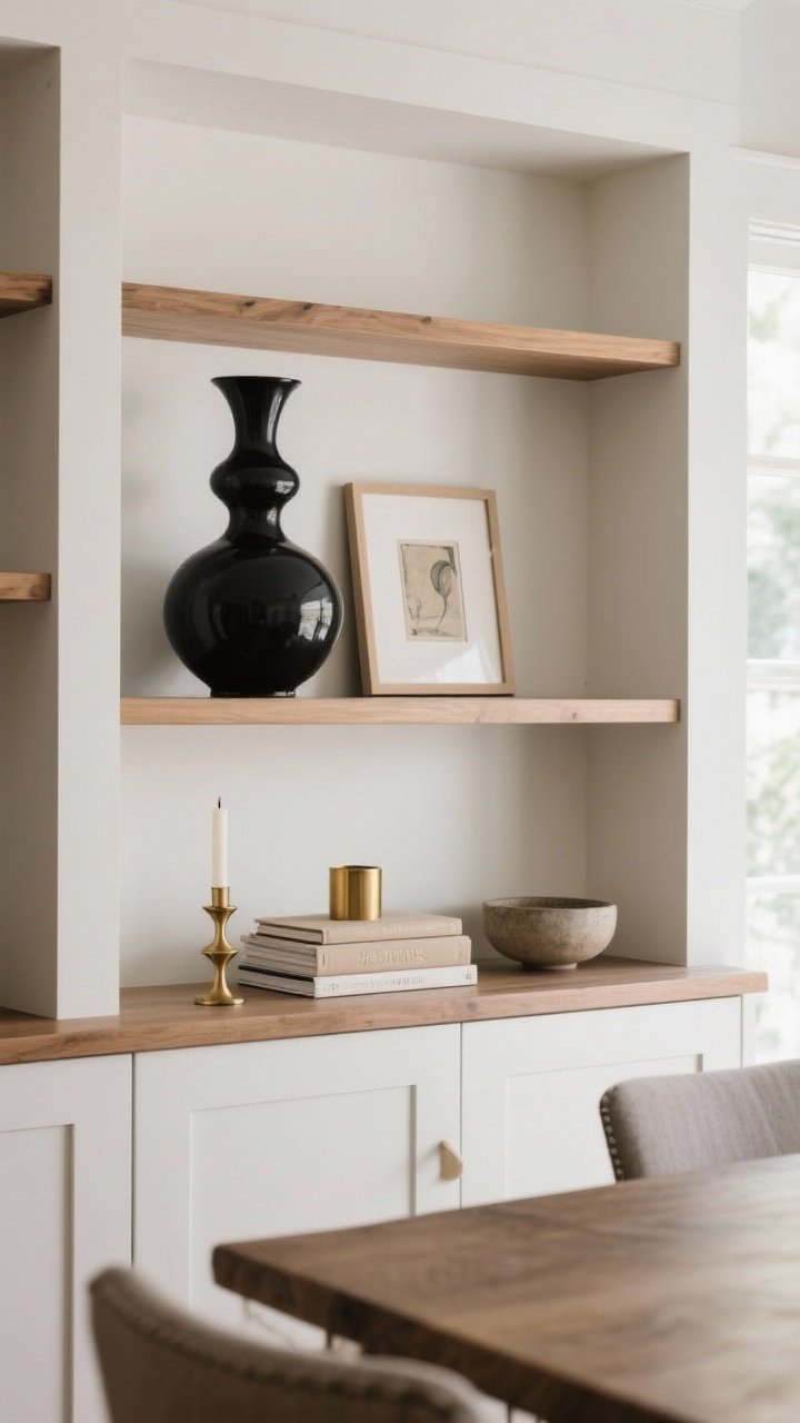 A medium, straight-on shot of a dining room built-in shelf featuring a curated statement vignette: one tall sculptural black ceramic vase as the anchor, a small framed art leaning beside it, a trio arrangement with odd-number balance, a low stack of neutral hardback books topped with a brass candle, and a small stoneware bowl; cohesive repetition of black and brass accents across the shelf, soft natural window light, calm palette of wood, white, black, and brass, uncluttered and intentional