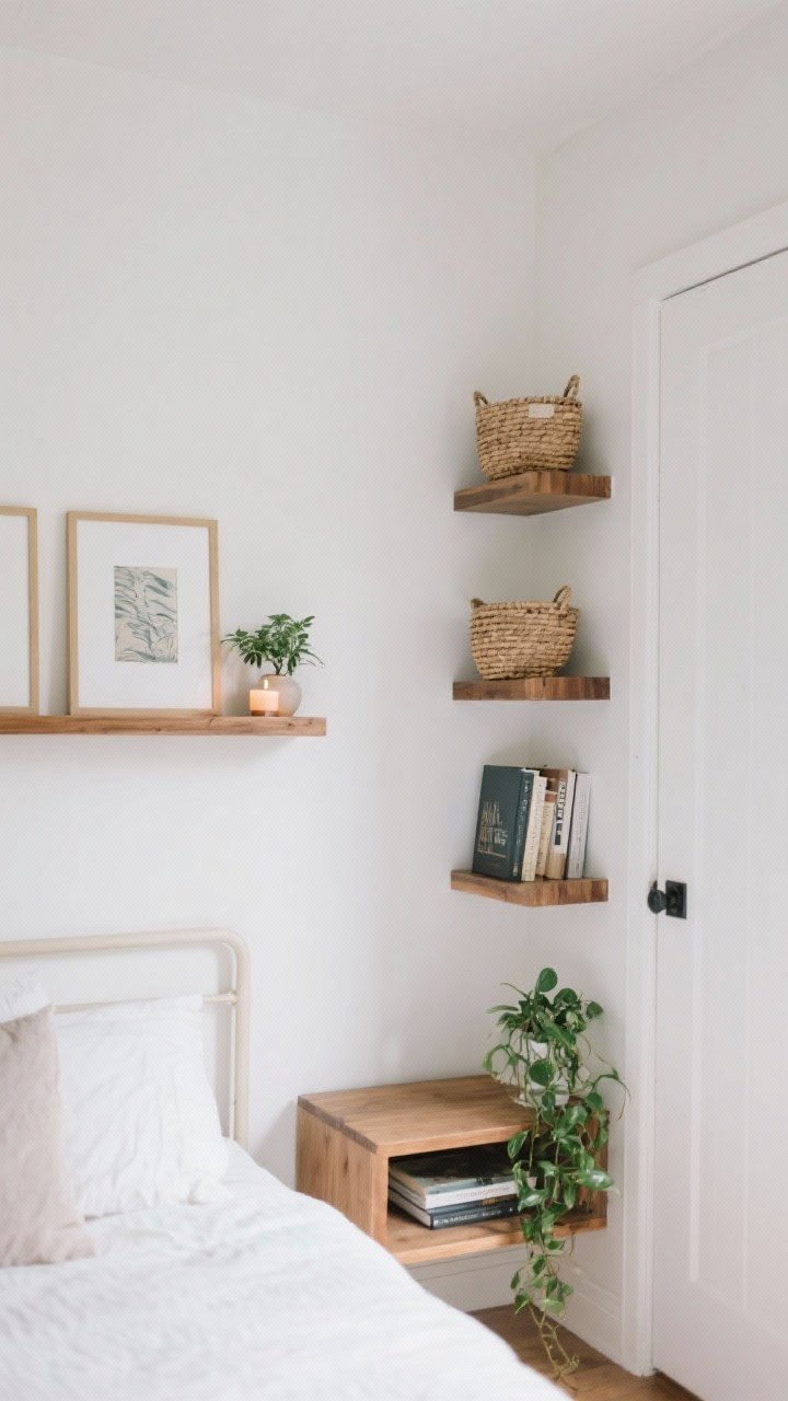 A medium, straight-on shot of a small bedroom wall featuring staggered floating shelves: a slim shelf over the bed acting like a headboard-lite with two framed prints, a small plant, and a candle; a narrow shelf above the door holding two woven baskets; and stacked corner units with a couple of books and a trailing plant. Keep shelves shallow (6–8 inches) with only 2–3 curated items each. Light, airy palette with white walls, natural wood shelves, and soft daylight making the room feel taller. No people.