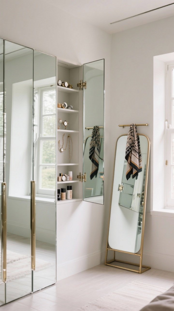 A medium, straight-on shot of mirror-based storage: a full-length wall mirror that opens to a shallow cabinet displaying jewelry, watches, and skincare; mirrored closet doors reflecting light and saving swing space; and a leaning mirror with a discreet rail behind holding scarves. Place mirrors opposite a window for bright, airy reflections. Chrome or brass details, clean lines, no clutter. No people.