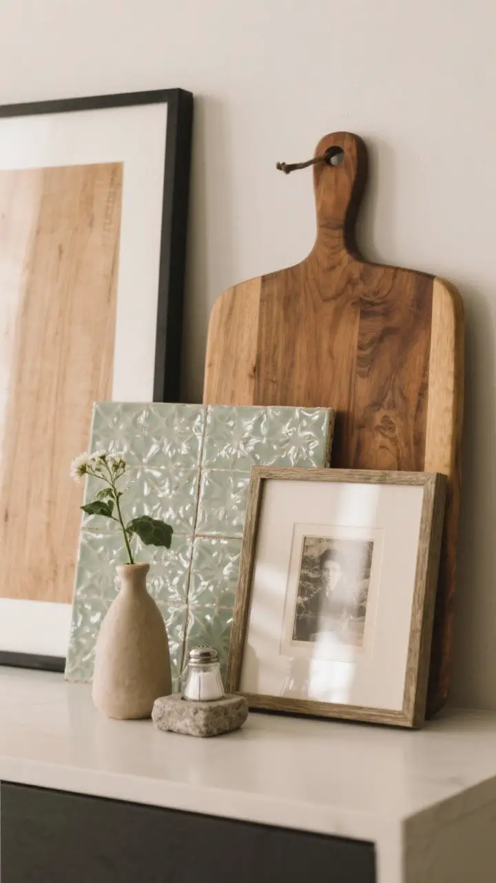 A medium, straight-on vignette of layered art and boards: a large, warm wood cutting board leaned as a backdrop, a small framed vintage photo and a glazed decorative tile overlapped in front, finished with a petite bud vase and a stone salt cellar; water-resistant frame materials, crisp edges, and subtle reflections, side-lit to emphasize depth and layering.