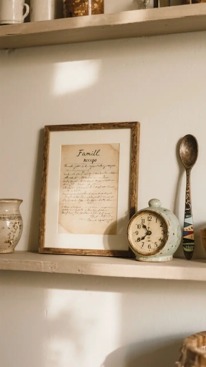 A medium vignette that adds personality with unexpected objects: a framed handwritten family recipe card, a small vintage clock, a quirky ceramic salt pig, and a handmade spoon from travel nestled beside everyday items; one or two surprising pieces per shelf for charm without clutter; warm, natural light highlighting patina and storytelling details.