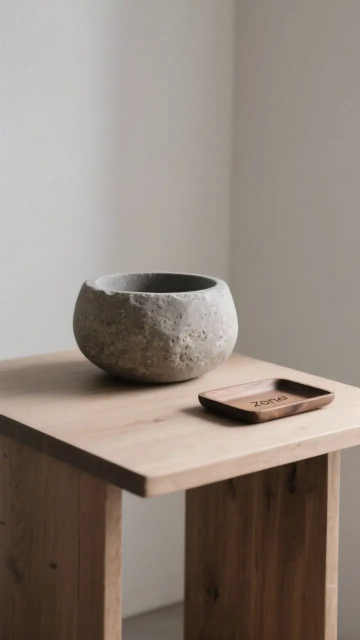 A minimalist closeup emphasizing negative space: a single sculptural stone bowl centered on a clean oak side table, with a small tray “zone” off to one side left empty; roughly half the surface clear, calm shadows, matte textures, serene, gallery-like mood