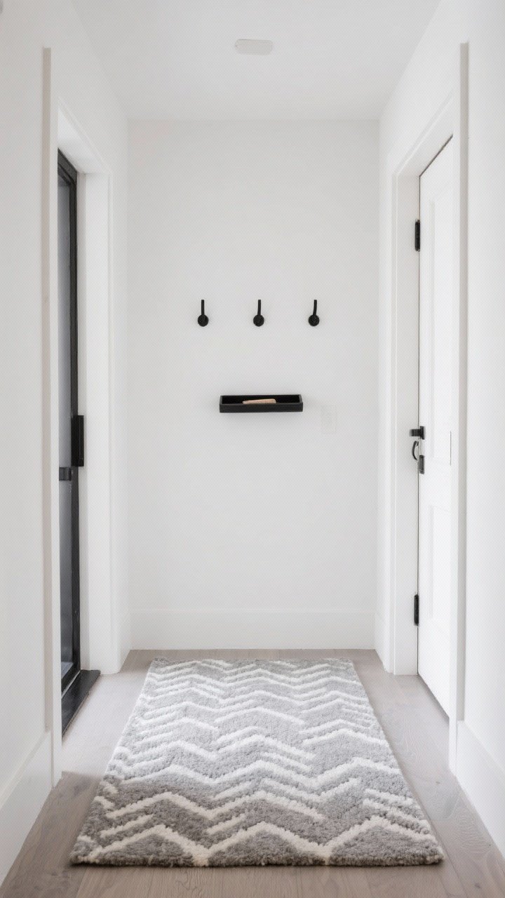 A minimalist entryway shown in a wide shot with a monochrome, low-pile rug in soft greige; subtle tone-on-tone herringbone pattern adds texture without clutter; clean white walls, simple black hooks, and a black catchall tray to anchor the palette; flatweave construction sits flush with the floor; even, soft lighting for a calm, elevated feel