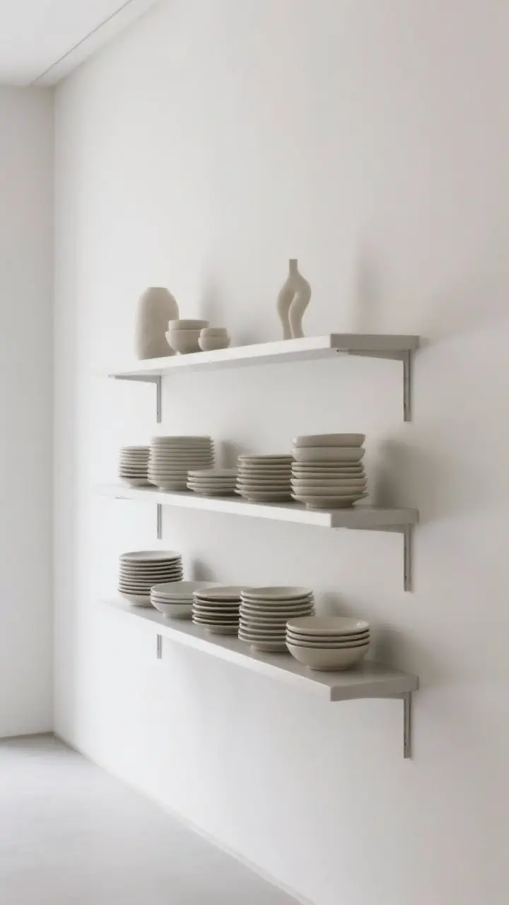 A minimalist, wide shot of shelves using negative space: statement pieces given room to breathe, edges and corners left open by a few inches, visible gaps between stacks of bowls and plates, and the top shelf kept lighter with only a couple of airy objects; restrained, gallery-like composition under soft, even daylight for a curated, calm feel.