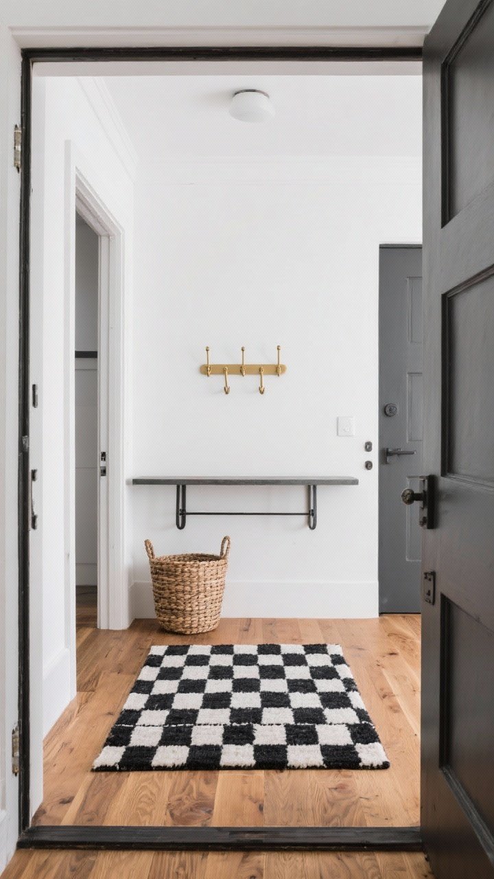 A modern entryway in a straight-on, wide shot with a black-and-white graphic rug featuring a mini-check or grid pattern; crisp contrast pops against warm wood floors, a woven basket, and brass hooks to balance the look; simple walls let the rug star; clean lines on the console and hardware; bright, even lighting for a sharp, contemporary feel