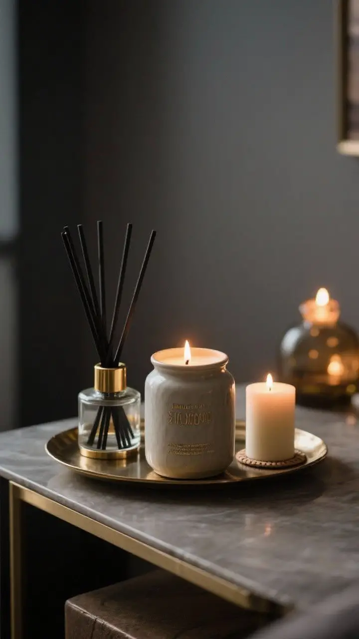 A moody closeup of a luxe candle scene on a side table: a handsome ceramic jar candle lit, paired with a slender black taper on a brass holder and a small pillar candle; include a heat-resistant coaster or tray beneath, a coordinating reed diffuser blurred in the background, warm flame glow creating soft highlights on glass and metal