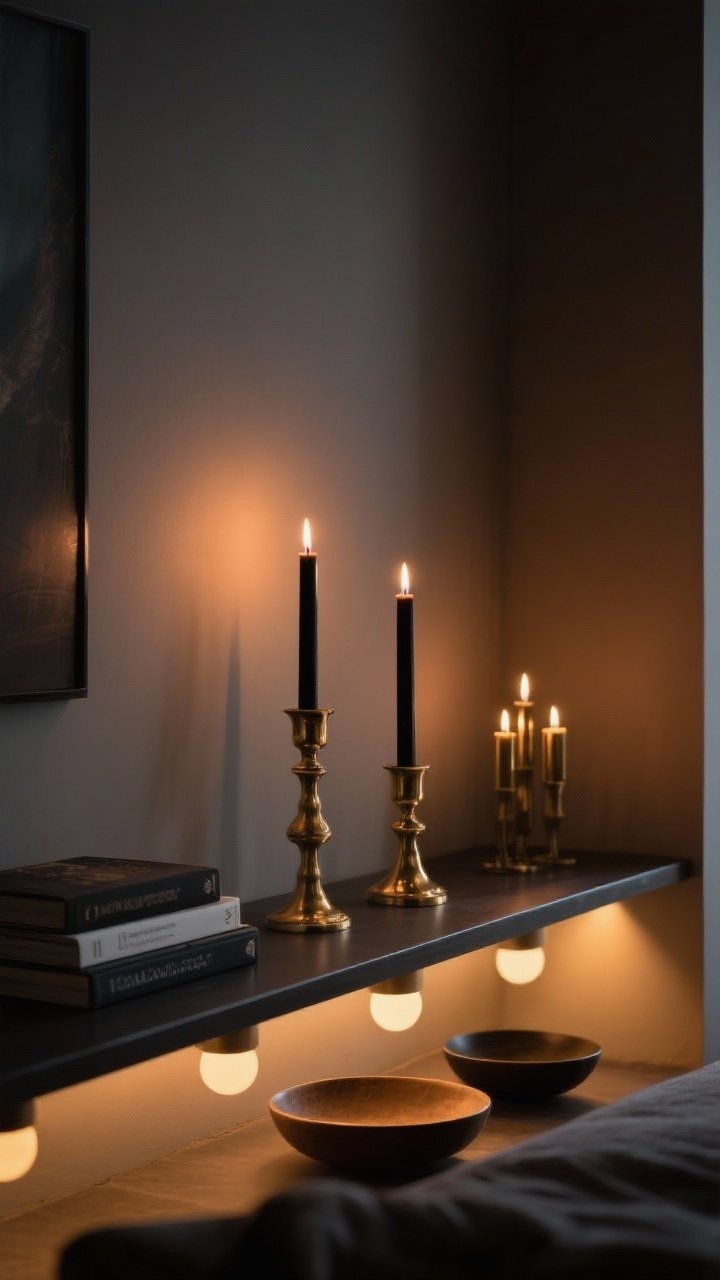 A moody medium shot focusing on candlelight and subtle glow: brass and matte black candlesticks in pairs and trios with taper candles matching the room’s palette, warm LED puck lights under the shelf casting a gentle wash on the wall, balanced with a low stack of books and a shallow bowl; evening ambience with warm color temperature for an intimate, luxe feel