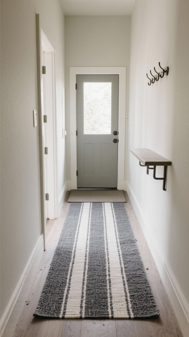 A narrow entryway captured in a straight-on, medium-wide shot featuring a 2'–3' wide low-pile washable runner with subtle stripes that elongate the space; the front door slightly ajar glides over the thin rug without catching; patterned runner in muted charcoal and ivory helps hide dirt; simple console and wall hooks visible in the background, soft natural light from the door illuminating the flatweave texture; include a thin non-slip pad edge barely visible