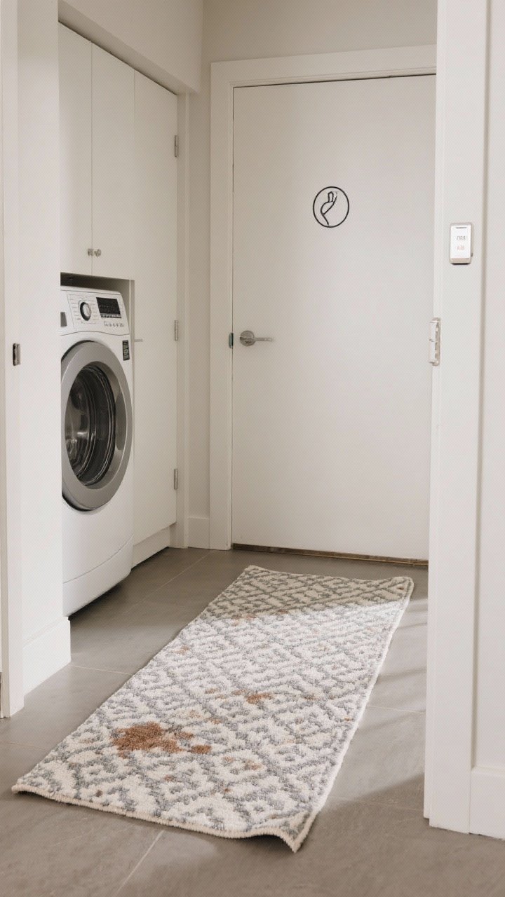 A practical apartment entry captured in a straight-on, medium shot showcasing a machine-washable, low-pile printed rug (2' x 3') with a stain-concealing pattern; rug lies perfectly flat with corners uncurling; nearby compact washer iconography inferred via a discreet laundry closet door; soft, even lighting; include a subtle tag or folded edge implying easy removal and air-dry care