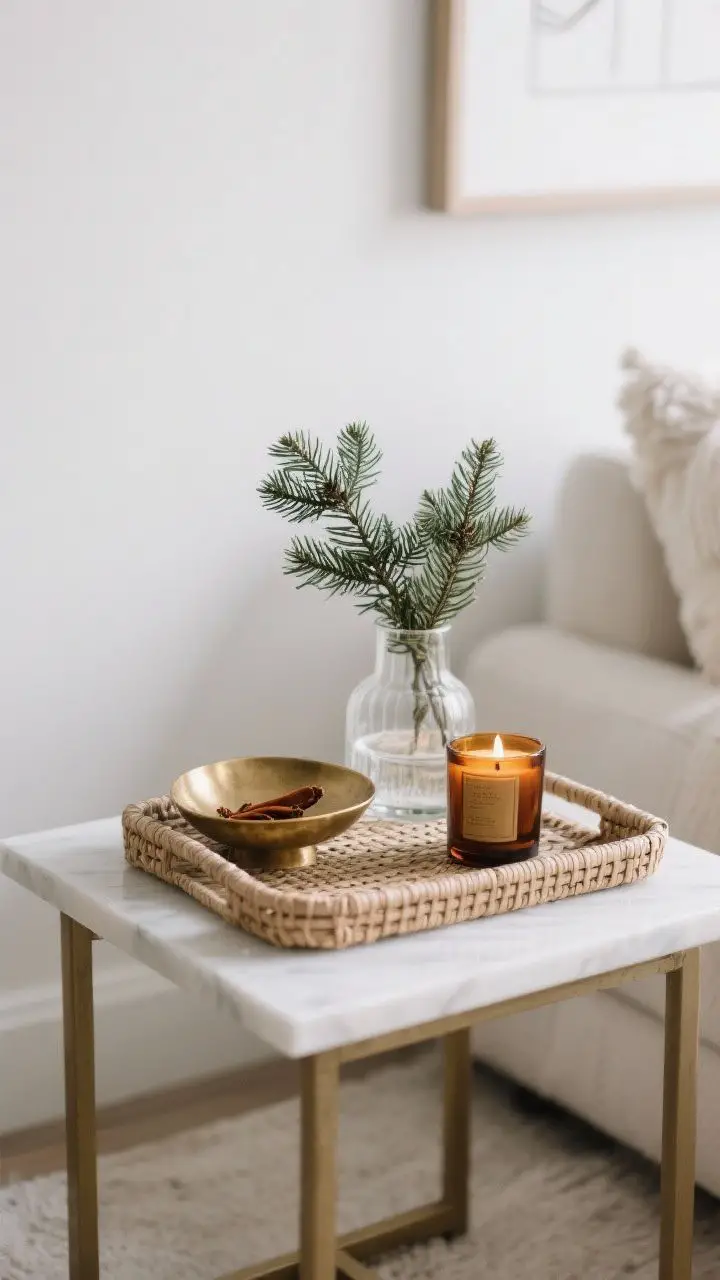 A seasonal refresh medium shot of a side table styled for Winter: a small brass accent dish, an evergreen sprig in a clear bud vase, and a spicy-scented amber glass candle on a woven tray; cozy warm-white lighting, subtle cool undertones in the background, uncluttered and budget-friendly feel