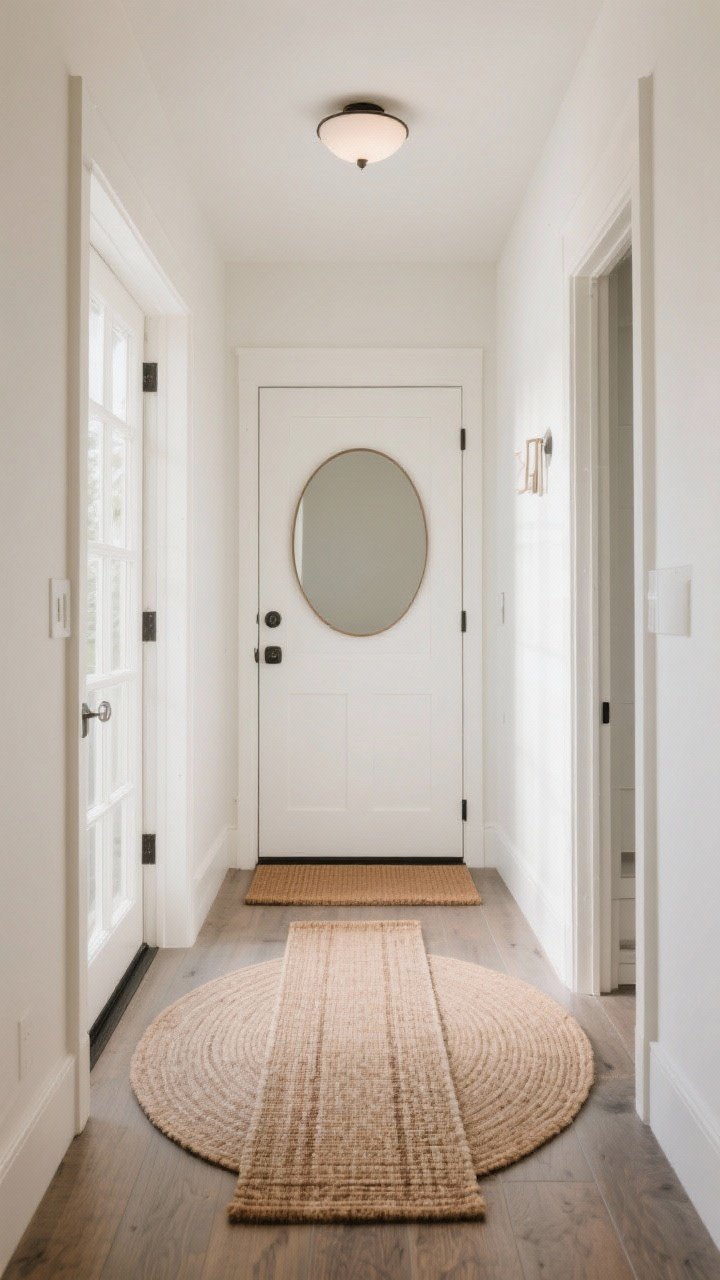 A small entryway styled in a precise, straight-on medium shot emphasizing correct rug sizing: a mat by the door leaving 2–4 inches of floor on each side, a runner filling most of the hall without touching thresholds, or a round rug centered with the overhead light/mirror; a visible rug pad edge hints at safety; door swing path clearly unobstructed; bright, clear lighting to highlight balanced proportions and intentional placement