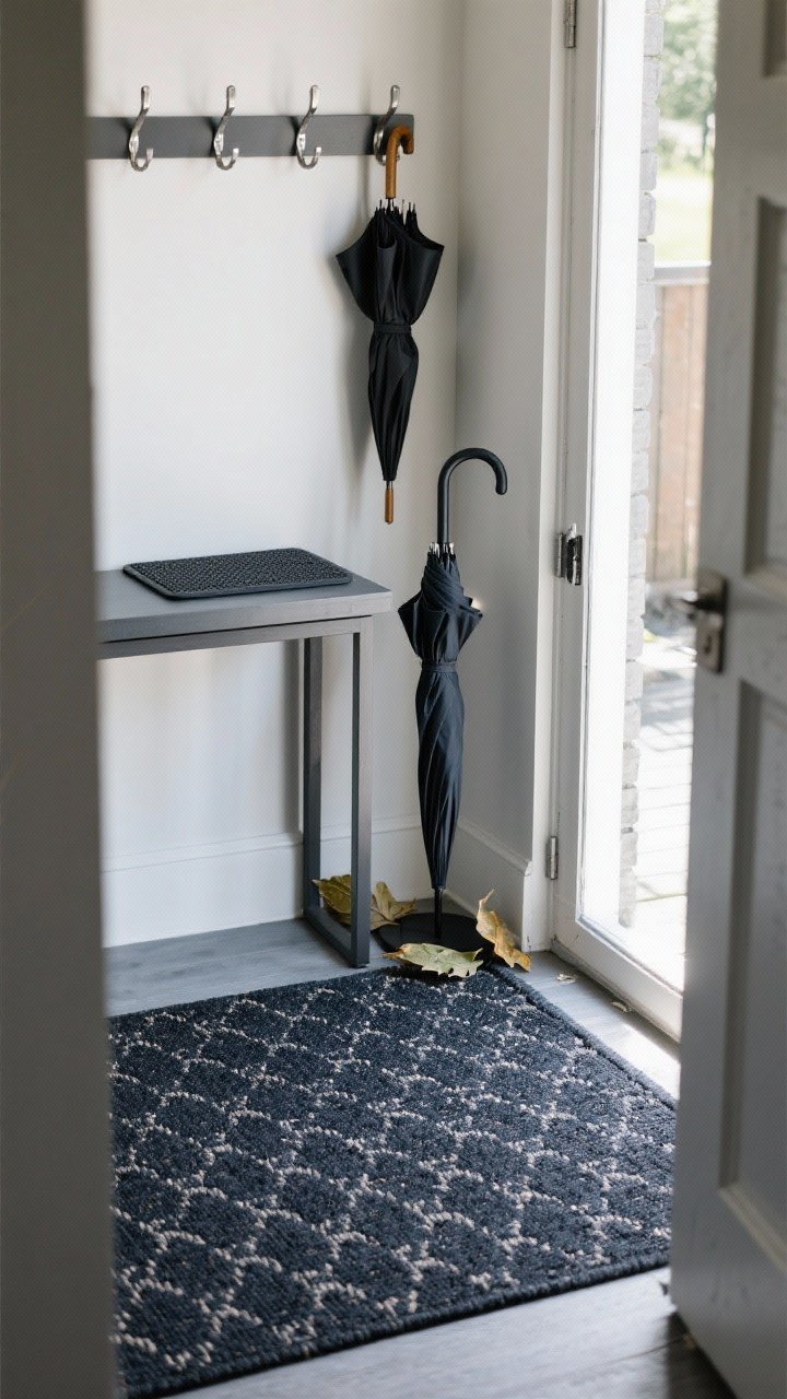 A small foyer captured from a corner angle showing a dark, patterned indoor/outdoor flatweave rug made of PET or polypropylene; modern pattern that reads indoor, not patio; a sleek console table and metal hooks above, with a non-slip pad beneath the rug; moist umbrella in a stand and a few leaves by the threshold to imply durability; cool daylight streaming in, highlighting the stain-resistant surface