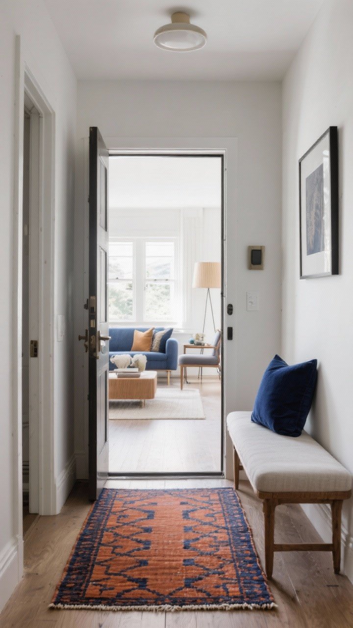 A small foyer viewed from the hallway in a medium-wide shot where the entry rug subtly echoes the living room’s color—navy or terracotta—visible beyond; the rug features that hue in a restrained pattern, creating a visual thread; a coordinating pillow on the bench or framed print repeats the color; balanced daylight links both spaces, making the entry feel curated