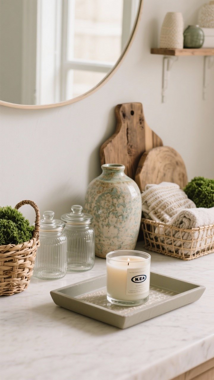 A straight-on medium shot capturing a curated high–low mix: an affordable Target-style tray holding a hand-poured artisan candle, IKEA-like glass jars aligned beside a vintage ceramic vase; budget baskets paired with luxe artisan towels and faux greens next to real wood accents; cohesive neutral palette with one subtle accent color, clean photoreal lighting that makes everything feel elevated.