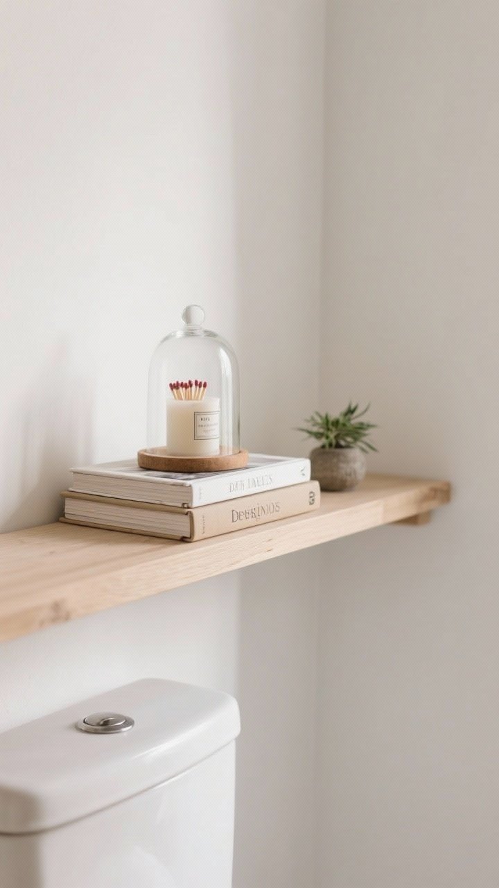 A straight-on medium shot featuring styled books on an over-the-toilet shelf: a small stack of 2–3 neutral-spined design and travel books acting as a pedestal for a candle and a tiny plant; a decorative object like a glass match cloche on top; airy, uncluttered composition with light wood shelf and calm white wall, soft natural lighting for refined simplicity.