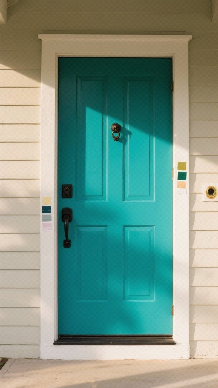 A straight-on, medium shot of a front porch entry focused on a freshly painted standout door in saturated teal, with updated matte black handle set and a sleek door knocker; soft late-afternoon light shows subtle color shifts on the door surface, with clean trim and neutral siding to emphasize the bold color; include small paint swatches taped beside the door edge to hint at testing, and a minimalist brass peephole for a luxe touch; photorealistic textures of paint sheen and metal hardware.