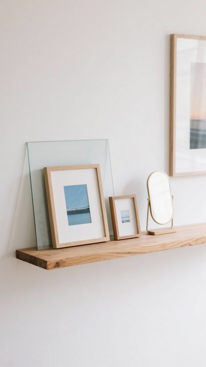A straight-on medium shot of a mini gallery moment on a shelf: a moisture-friendly small framed print behind glass leaning against the wall, layered with a smaller frame and a compact standing mirror; calm color palette with muted blues and warm neutrals, clean white wall backdrop, simple wood shelf; balanced composition with lean-layers, soft even lighting for a curated, low-commitment gallery look.